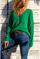 Womens Green V-Neck Loose Soft Textured Basic Sweater GK-CCK7090