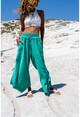 Womens Green Washed Linen Elastic Waist Asymmetric Cut Tied Loose Trousers Rsd3033