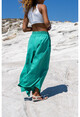 Kadın Yeşil Yıkamalı Keten Beli Lastikli Paçası Asimetrik Kesim Bağlamalı Salaş Pantolon Rsd3033
