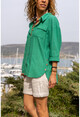Womens Green Washed Linen Side Button Double Pocket Loose Shirt Gk-Rsd3013