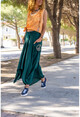 Womens Emerald Green Tie Waist Asymmetrical Cut Pocket Embroidered Loose Skirt Rsd2040
