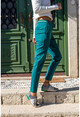 Kadın Zümrüt Yeşili Beli Bant Şeritli Kalem Pantolon GK-ART205
