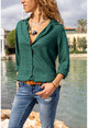 Kadın Zümrüt Yeşili Kendinden Dokulu Salaş Gömlek bst6582
