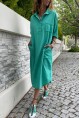 Kadın Zümrüt Yeşili Yıkamalı Keten Yarım Patlı Cepli Elbise Gk-Rsd2083