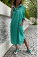 Kadın Zümrüt Yeşili Yıkamalı Keten Yarım Patlı Cepli Elbise Gk-Rsd2083