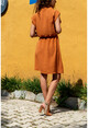 Brown V-Neck Block Elastic Waist Dress GK-BST2855