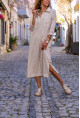 Kadın Bej Çizgili Polo Yaka Cepli Yanı Yırtmaçlı Uzun Elbise BST700-3579