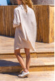 Kadın Bej Keten Görünümlü Truvakar Kol Salaş Gömlek Elbise BST700-3582