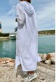 Kadın Ekru Kapüşonlu Cebi Pullu Salaş Keten Görünümlü Uzun Elbise RSD1224
