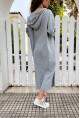 Kadın Gri Kapüşonlu Cebi Pullu Salaş Keten Görünümlü Uzun Elbise RSD1224