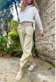 Kadın Haki Beli Lastikli Keten Görünümlü Yıkamalı Cepli Salaş Şalvar Pantolon RSD1230