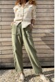 Kadın Haki Beli Lastikli Yıkamalı Keten Görünümlü Pis Dikiş Detaylı Salaş Şalvar Pantolon RSD1196