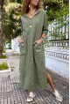 Kadın Haki Kapüşonlu Cebi Pullu Salaş Keten Görünümlü Uzun Elbise RSD1224