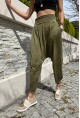 Kadın Haki Yıkamalı Beli Lastikli Düşük Ağlı Salaş Şalvar Pantolon RSD1229