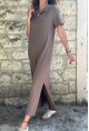 Kadın Kahverengi Polo Yaka Yanı Yırtmaçlı Uzun Elbise BST700-3525