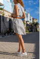 Kadın Lacivert Keten Görünümlü Kendinden Desenli Kolsuz Gömlek Elbise BST700-3583