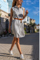 Kadın Lacivert Keten Görünümlü Kendinden Desenli Kolsuz Gömlek Elbise BST700-3583