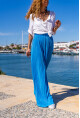 Kadın Mavi Kendinden Dokulu Beli Lastikli Bol Paça Salaş Pantolon BST700-3578