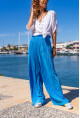 Kadın Mavi Kendinden Dokulu Beli Lastikli Bol Paça Salaş Pantolon BST700-3578