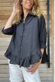Kadın Siyah Eteği Fırfırlı Vual Salaş Gömlek BST700-3570