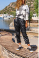 Kadın Siyah İçi Şardonlu Beli Lastikli Rahat Kesim Deri Pantolon 1St18