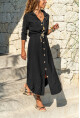 Kadın Siyah Keten Beli Büzgülü Hasır Kemerli Gömlek Elbise GK-BST2837
