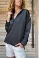 Kadın Siyah V Yaka Kapüşonlu Arkası Uzun Scuba Salaş Sweatshirt BST700-3506