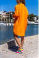 Kadın Turuncu Keten Görünümlü Truvakar Kol Salaş Gömlek Elbise BST700-3582