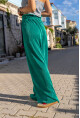 Kadın Yeşil Kendinden Dokulu Beli Lastikli Bol Paça Salaş Pantolon BST700-3578